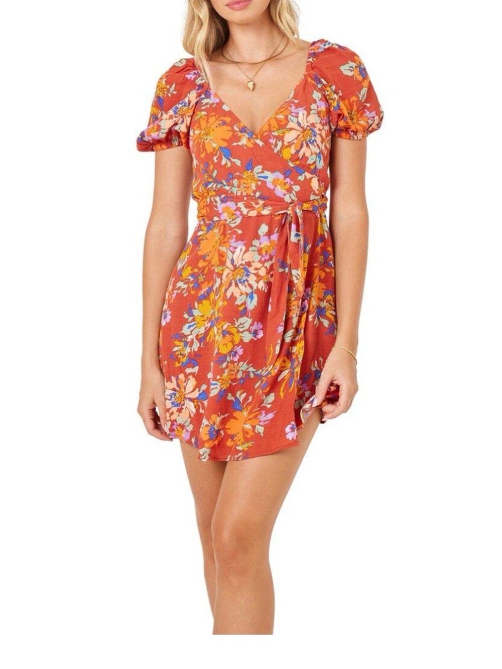 l*space Rust Floral Wrap Mini Dress